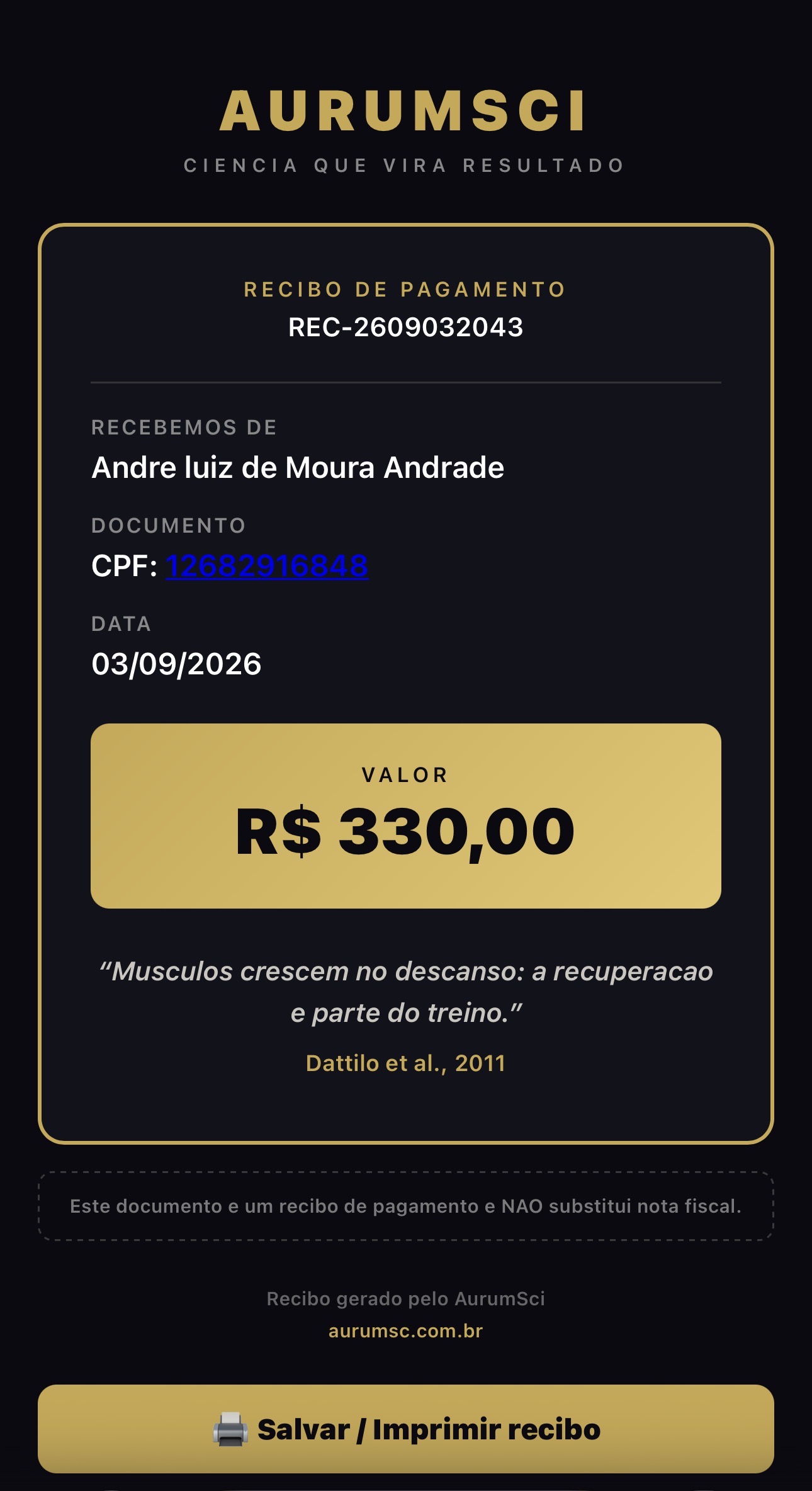 Recibo profissional, com os dados do aluno